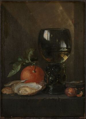  "Still Life with Oysters and Wine" by Jan Davidsz. de Heem, depicting ripe fruits, a glass of wine, oysters, a piece of bread, and a hazelnut on a dark background, with a focus on texture and color contrasts.