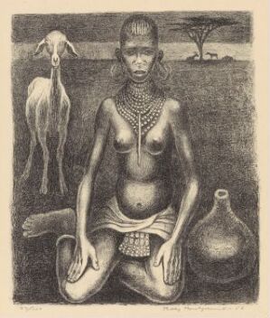  "Jente fra Uganda," a fine art lithograph by Ridley Borchgrevink, depicts a seated young Ugandan woman with traditional jewelry and hairstyle, accompanied by a goat and a clay pot against a sparse background with a single tree.