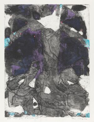  Abstract artwork titled "Natt" by artist Else Hagen, featuring a complex interplay of deep black and gray forms at the center with bursts of blue, purple, and green colors, created using etching, drypoint, and hand coloring on paper.