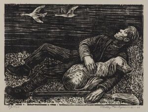  Woodcut print by Ridley Borchgrevink titled "Til Hamsuns 'Pan'" depicts a man lying on the ground in a natural setting, looking upward contemplatively as two birds fly overhead, rendered in shades of black and gray on paper.