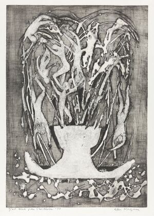  "Menneskefontene" by Else Hagen – A grayscale etching depicting a fountain-like formation with stylized, abstract human figures erupting from the central basin, expressed with dynamic linework and varying shades of gray to suggest movement and depth. The image captures the essence of a human fountain with a monochromatic and textured aesthetic.