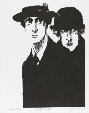  "Axel og Ellen" by Niclas Gulbrandsen, a black and white woodcut print on paper featuring two closely positioned figures with their faces almost touching. The male figure to the left wears a hat and has a direct gaze, while the female figure to the right wears a snug hat and looks downward with a thoughtful expression. They both wear dark clothing, blending together against a stark white background.