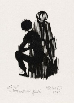  A black and white woodcut print by Niclas Gulbrandsen titled "vi to," displaying two figures close together with the first figure seated in a contemplative pose and the second standing with a protective demeanor, starkly contrasted on a white background, with the artist's signature and the year 1979 inscribed at the bottom.