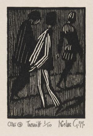  A black and white woodcut print by Niclas Gulbrandsen titled "After a little while He saw one whose face and raiment were painted...". It features three stylized figures in profile against a background filled with vertical lines. The central figure is highlighted in white with distinctive clothing, while the two other figures are dark and blend into the background. The composition is tight and narrative-driven, emphasizing contrast between light and shadow.