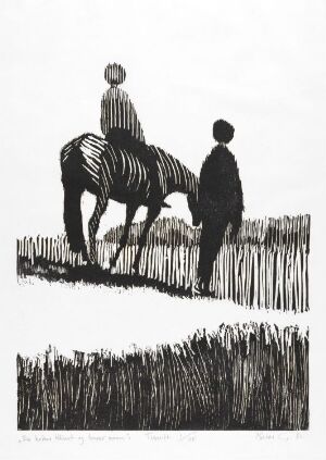  "En kvinne til hest og hennes mann" is a black and white woodcut print by Niclas Gulbrandsen, depicting a stylized scene with a woman sitting on a horse to the left and a standing man to the right, both in profile against a blank background with a textured representation of tall grass at the bottom.
