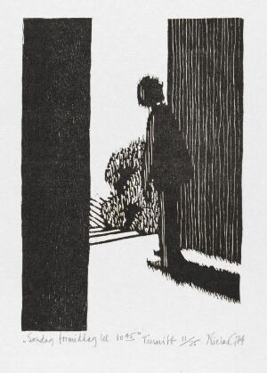  A black and white woodcut titled "Søndag formiddag kl. 10.45" by Niclas Gulbrandsen, showing a profile of a person standing still as if in contemplation, with a stark, black vertical shape to the left and thin, horizontal lines indicating shadows stretching towards this shape, evoking a serene Sunday morning atmosphere.