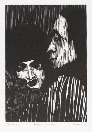  "Beundring" by Niclas Gulbrandsen, a black and white woodcut print on paper, depicting two silhouetted figures interacting closely with their profiles toward one another, creating a subtle narrative through the use of high-contrast lines and textured shading.