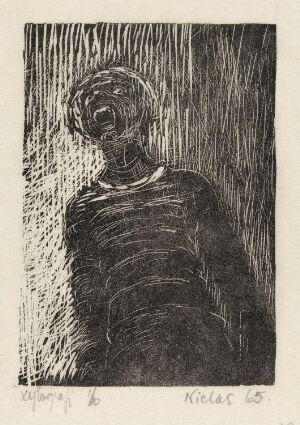  A black and white woodcut print titled "Skrik" by Niclas Gulbrandsen, featuring a solitary figure with a distorted and elongated face screaming amidst a chaotic backdrop of dense, vertical lines, creating a powerful expression of emotion and turmoil.
