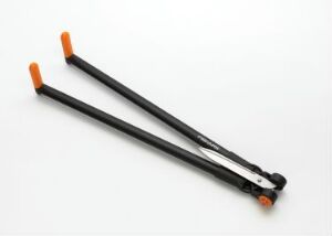  A Fiskars brand long-handled garden shear made of black handles with bright orange caps and a shiny silver metal mechanism, set against an off-white background.