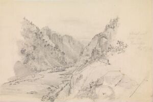  Pencil on paper drawing by Johan Joachim Meyer titled "View to Odda from Låtefoss" depicting a dramatic mountainous landscape with shaded slopes and craggy terrain in various shades of gray, showing depth and naturalistic detail.