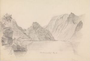  "The Lake Sandvin" by Johan Joachim Meyer - A black and white pencil sketch on paper depicting a tranquil lake scene, flanked by steep, jagged cliffs and gently sloping hills, with a nuanced use of shading to suggest depth and natural textures.