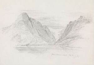  A pencil drawing by Johan Joachim Meyer titled "The Buarbreen Glacier near Odda" on paper, depicting a serene glacier nestled between two hills with a body of water in the foreground and detailed through various shades of grey.