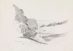  A pencil sketch on paper by artist Johan Joachim Meyer titled "At the Water Divide between Odda and Røldal," featuring a detailed rendering of a mountainous landscape with sharp peaks and structures near a water body, executed with varied shading to convey depth and texture.