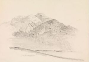  Pencil drawing on paper by artist Johan Joachim Meyer titled "From Grungedal." The monochromatic artwork features a gently rolling landscape with a pathway or road in the foreground leading towards a central hilly formation, all rendered in varying shades of gray. The artist's name and title are handwritten at the bottom.