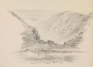  Pencil sketch by Johan Joachim Meyer titled "From Måbødalen, Eidfjord," featuring a detailed drawing of a rugged mountain terrain, likely representing a scene from a Norwegian valley. The artwork, executed on paper with pencil, utilizes shades of gray to depict light and shadow across the natural landscape, conveying a serene and untouched wilderness.