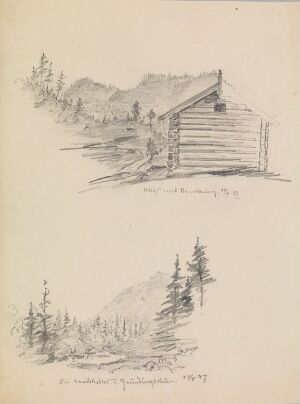  A pencil drawing on paper by Johan Joachim Meyer titled "From Telemark," featuring two separate scenes; the upper scene depicts a traditional wooden cabin among natural vegetation with distant hills, and the lower scene shows a landscape with dense coniferous trees, all rendered in fine pencil strokes to capture the serenity of the Telemark region.