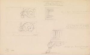  Pencil sketches on paper by Johan Joachim Meyer, titled "From the Nordic Exhibition in Copenhagen 1888," featuring circular designs with scrollwork, a rectangular sketch with inscriptions, and the detailed drawing of a furniture leg or column base, all in varying shades of grey on an off-white background.