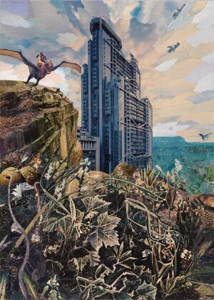  Artwork titled "Heavy Metal" by an unknown artist, depicting a dark, futuristic skyscraper amid overgrown, wild vegetation with birds flying in the sky, conveying a post-apocalyptic or dystopian scene.