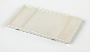  A soft cream-colored rectangular tray with rounded edges and three compartments, set against an off-white background.