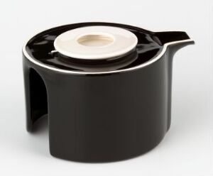  A modern black teapot with a glossy finish and a contrasting white lid, featuring a seamless spout and an elegantly curved handle, set against a light background. Artist name and title are unknown.