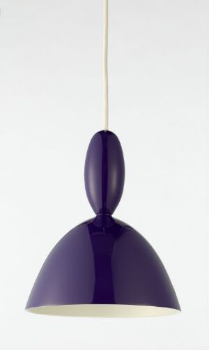  "Mhy" pendant light designed by Norway Says, featuring a glossy deep purple lacquered aluminum structure with a dome-shaped top and a flaring bell-shaped shade hanging from a slim white cord.