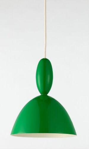  A modern, apple green lacquered aluminium pendant lamp by Norway Says, featuring a curved bowl-shaped shade with an elliptical body above, against a pure white background.