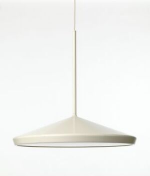  A minimalist white pendant light designed by Norway Says, made from lacquered aluminum, with a wide, shallow dome shade that tapers to the top, connected to a matching white cord against a soft gradient background.