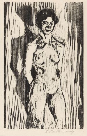  A woodcut print titled "Nude" by artist Ludvig Karsten, depicting a high-contrast, stark image of a standing nude human figure with expressive, abstract lines on paper, evoking a sense of bold rawness and frontality.