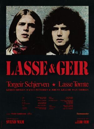 Poster of "Lasse & Geir" by artist Marco Haakon Pannaggi, featuring side-by-side portraits of two young men with serious expressions against a dark blue to black gradient background, with the movie title in bold white letters and additional red text information below.