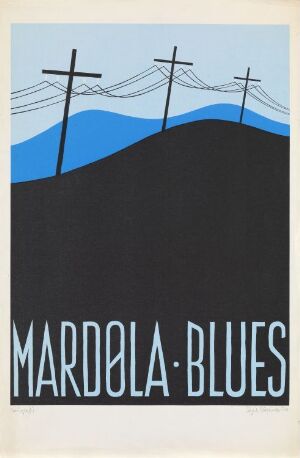  "Mardøla Blues", a silk screen print on paper by artist Egil Storeide, featuring a stylized landscape with a dark blue or black mountainous silhouette at the bottom, a light blue sky above, darker blue distant mountains, and three electrical poles with wires, with the title in bold white text across the bottom.