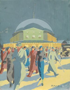  "Colosseum" by Olav Engebrigtsen - A vintage gouache illustration on paper featuring a stylized crowd of people in early 20th-century fashion walking towards a brightly lit dome-shaped building, with a deepening blue evening sky overhead and a dark-colored vintage car to the right.