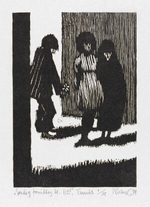  Woodcut print "Søndag formiddag kl. 11.05" by artist Niclas Gulbrandsen, depicting three stylized figures in black and white, with one extending an object to the others, against a backdrop suggestive of an outdoor setting.