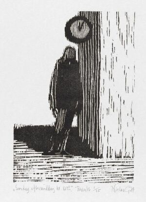  Woodcut print titled "Søndag ettermiddag kl. 12.05" by Niclas Gulbrandsen, featuring a highly detailed eye on the right and a silhouetted figure with its back toward the viewer on the left, set against a black and white backdrop suggestive of wood grain and flat reflective surface.