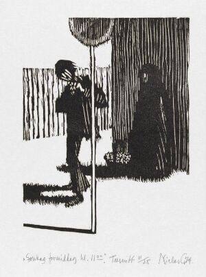 
 "Søndag formiddag kl. 11.00" by Niclas Gulbrandsen - A black and white woodcut print on paper depicting a person standing beneath a tall streetlamp with extended shadows, exuding a sense of solitude and juxtaposing light and dark elements.