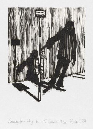  A grayscale woodcut print on paper titled "Søndag formiddag kl. 11.10" by Niclas Gulbrandsen, featuring a simplified silhouette of a man in a heavy coat walking on a sidewalk with his shadow stretching towards the left of the image. Behind him is a tall lamppost casting a similar shadow, against a backdrop of vertical lines suggesting rain or a textured wall. The image evokes a moody and urban atmosphere.