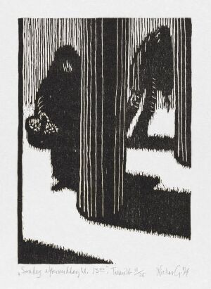  A black and white woodcut print titled "Sunday afternoon 13.00" by Niclas Gulbrandsen, depicting a high-contrast interior scene with two figures, one standing by a light source and the other a shadowed silhouette, amongst a pattern of strong vertical and diagonal lines suggesting walls or window edges.