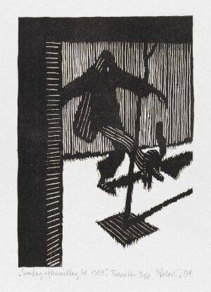  Monochromatic woodcut print titled "Søndag ettermiddag kl. 13.06" by Niclas Gulbrandsen, featuring the silhouette of a figure in motion with extended limbs, against a backdrop of vertical and horizontal lines that suggest an interior space with dramatic lighting.