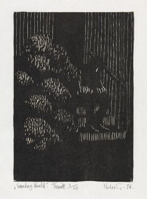  "Sunday Evening" by Niclas Gulbrandsen is a monochromatic woodcut print featuring vertical lines representing tree trunks with interspersed, lighter cloud-like shapes depicting foliage, alluding to a serene yet mysterious nighttime forest scene.