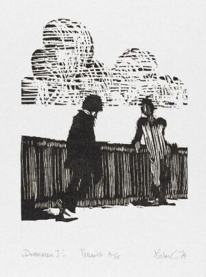  A black and white woodcut print titled "Drømmen I" by artist Niclas Gulbrandsen, featuring two figures standing beside a horizontal fence, with expressive cloud-like forms in the background above them.