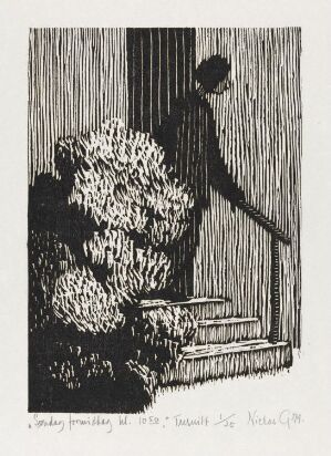  "Søndag formiddag kl. 10.50" by Niclas Gulbrandsen, a black and white woodcut print on paper depicting a lush shrub and a shadowy figure standing beside it against a background of vertical lines, suggesting a wooden wall, evoking a tranquil moment on a Sunday morning.