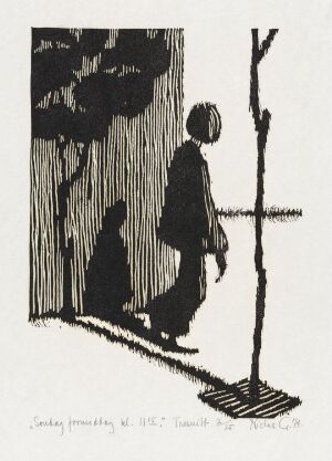  Black and white woodcut art by Niclas Gulbrandsen titled "Søndag formiddag kl. 11.15" depicting a single figure in profile casting a long shadow to the right, standing next to a dark vertical line on a textured ground. The image conveys a strong contrast and minimalist style, with the emphasis on the interplay of light and shadow.