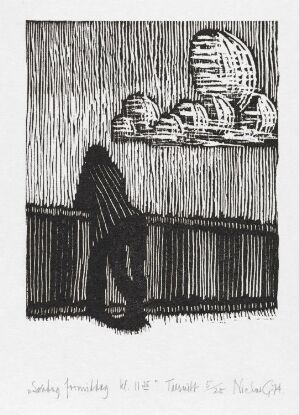 
 Black and white woodcut by Niclas Gulbrandsen titled "Søndag formiddag kl. 11.25" depicting a dense pattern of vertical lines at the top, a reclining figure on a lounger behind a low barrier, and a small silhouette of a person standing at the foreground railing, all rendered in strong black-and-white contrast on paper.