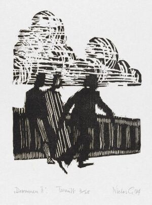  "Drømmen II" by Niclas Gulbrandsen, a woodcut print on paper depicting two silhouetted figures seated on a bench with an abstract swirling form above them, rendered in a stark black-and-white contrast suggesting a dream-like or contemplative scene.