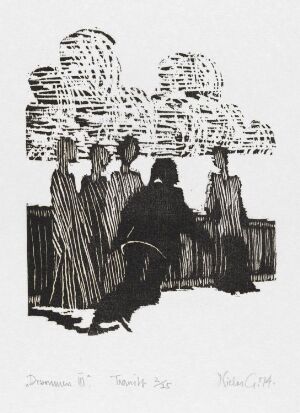  "Drømmen III" by Niclas Gulbrandsen is a black and white woodcut print showing a group of stylized figures in dark attire clustered together next to a fence, with a textured sky filled with abstract clouds in the background.