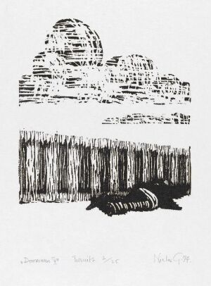  "Drømmen V" by Niclas Gulbrandsen is a black and white woodcut print on paper showing abstract, horizontally lined clouds at the top, a dense vertical-lined forest in the middle, and a simplified, reclining human figure at the bottom, evoking a dream-like atmosphere.