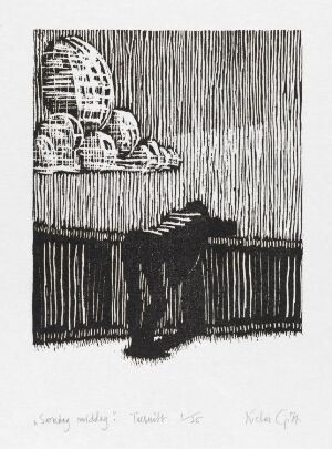  "Søndag middag," a black and white woodcut print on paper by Niclas Gulbrandsen, featuring a basket of bread on a table with a solitary figure resting their head on their arms in front of it, set against a backdrop of vertical lines suggestive of rain.