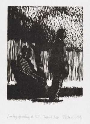  "Søndag ettermiddag kl. 12.15" by Niclas Gulbrandsen, a black and white woodcut print on paper showcasing two stylized figures within an abstract, textural environment that suggests an outdoor scene with patterns resembling foliage above. One figure is seated and reclined to the left, and the other stands to the right in a walking pose, both silhouetted against a contrasting light background.