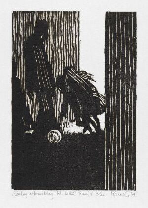  Black and white woodcut print "Søndag ettermiddag kl. 12.30" by Niclas Gulbrandsen, featuring a stark contrast scene with the silhouette of a person standing next to a tall, textured shape on the left, a bright circular object at the person's feet, and a smooth vertical stripe to the right.