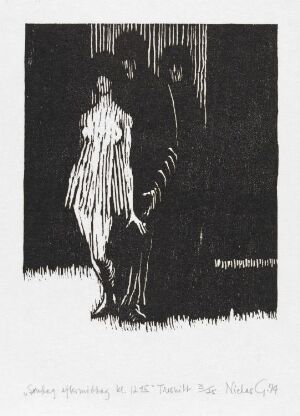  "Sunday afternoon 12.45" by Niclas Gulbrandsen, a woodcut print showing three figures, with the central one in striped attire and the other two as silhouettes in the background, against a plain background.