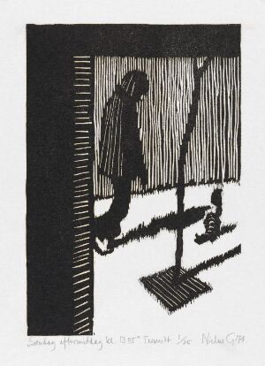  A black and white woodcut print on paper by Niclas Gulbrandsen titled "Søndag ettermiddag kl. 13.05" featuring a high-contrast image of a lone figure walking next to an object casting a long shadow, with a patterned shadow of a fence or barrier on the left.
